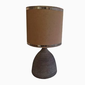 Vintage Table Lamp in Dark Brown Unglazed Ceramic with Silver & Brown Fabric Shade, 1970s-HOI-932108