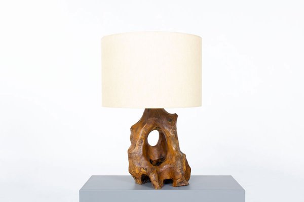 Vintage Table Lamp in Olive Tree and Linen Lampshade, 1950-US-2022547