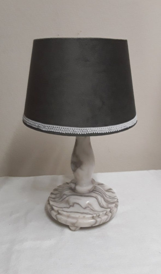 Vintage Table Lamp with a Heavily Grained White Marble Base and Gray-Black Fabric Shade, 1960s