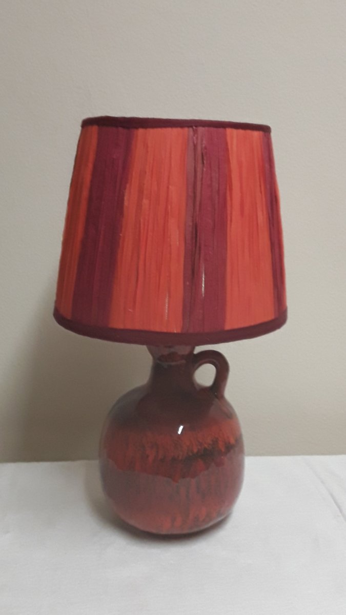 Vintage Table Lamp with Ceramic Base in Red Gradient Glaze & Matching Handmade Raffia Shade by Lamplove, 1970s