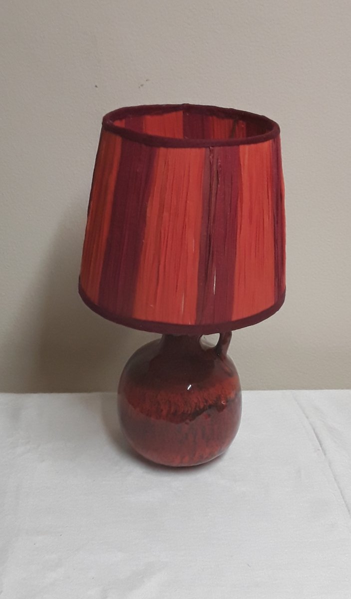 Vintage Table Lamp with Ceramic Base in Red Gradient Glaze & Matching Handmade Raffia Shade by Lamplove, 1970s