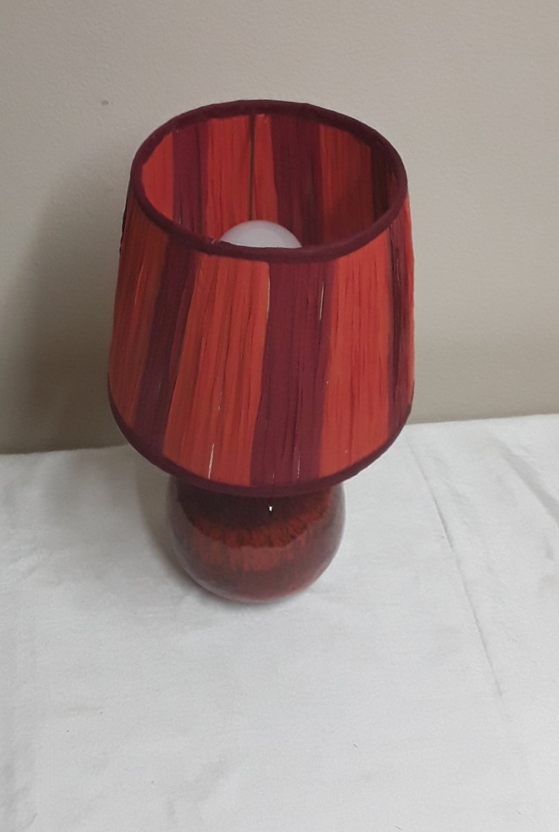 Vintage Table Lamp with Ceramic Base in Red Gradient Glaze & Matching Handmade Raffia Shade by Lamplove, 1970s