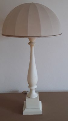 Vintage Table Lamp with Cream-White Lacquered Turned Wooden Column Light, 1970s-HOI-1355152