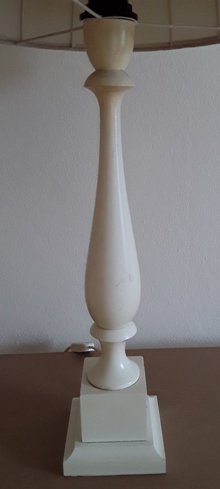 Vintage Table Lamp with Cream-White Lacquered Turned Wooden Column Light, 1970s