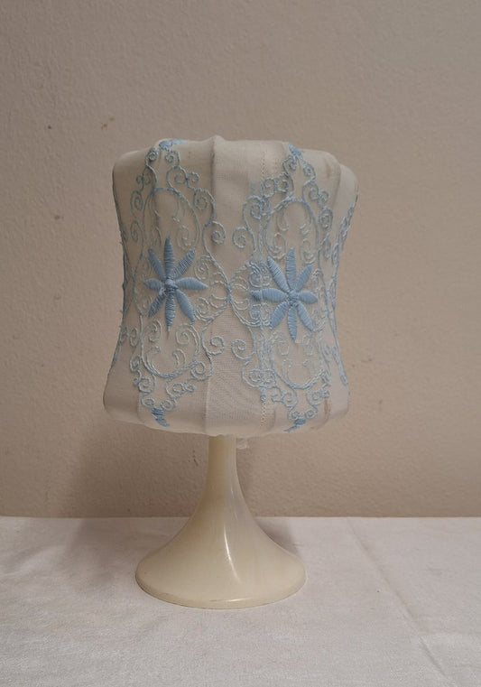 Vintage Table Lamp with Cream-White Plastic Base and White-Blue Fabric Shade, 1970s