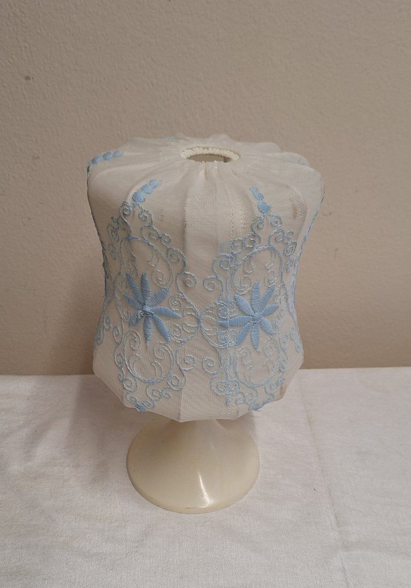 Vintage Table Lamp with Cream-White Plastic Base and White-Blue Fabric Shade, 1970s