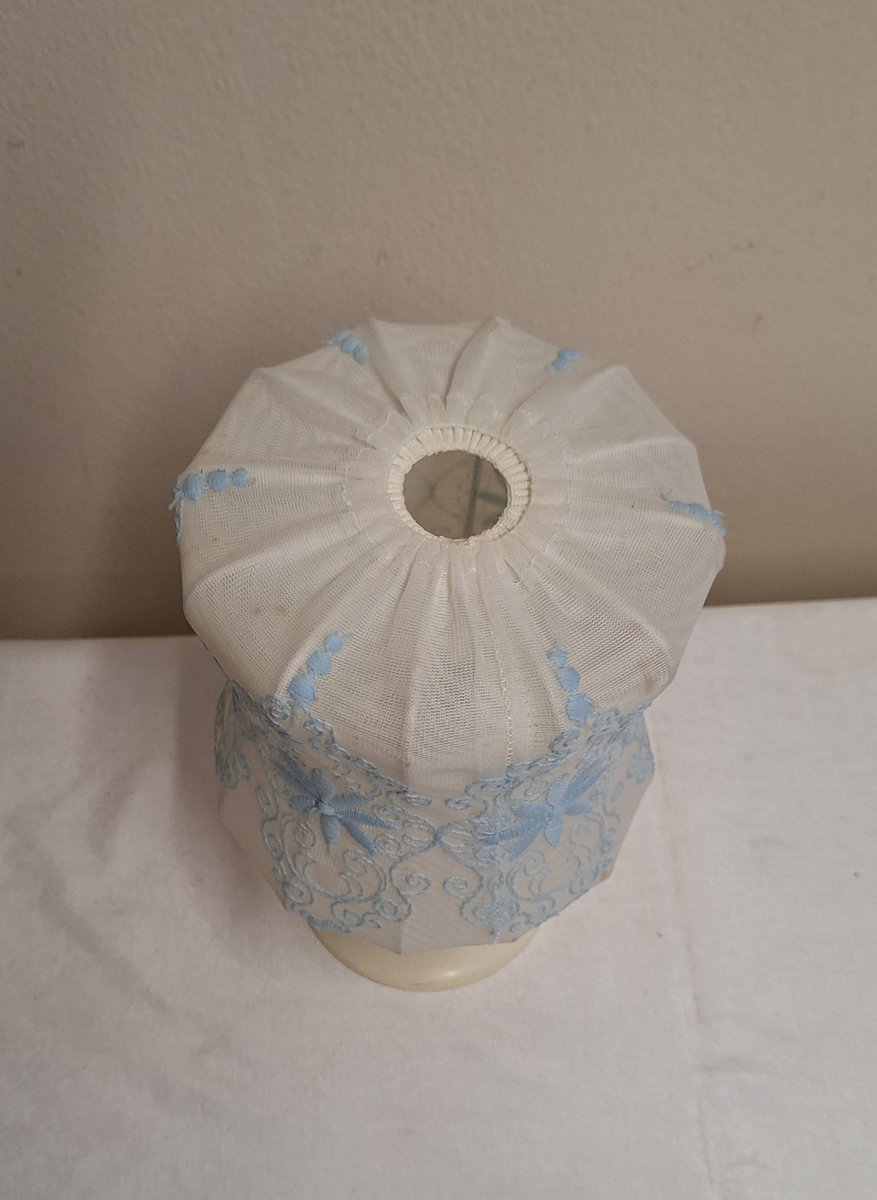 Vintage Table Lamp with Cream-White Plastic Base and White-Blue Fabric Shade, 1970s