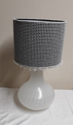 Vintage Table Lamp with Lingering White Glass Base with Brass Mount and Handmade Black and White Artist Screen from Stof, 1970s-HOI-1793179