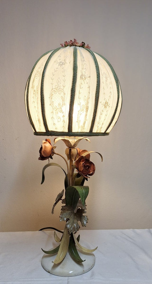 Vintage Table Lamp with Metal Base in the Shape Bouquet of Flowers with Handmade Fabric Lampshade from Lamplove, 1970s