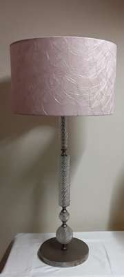 Vintage Table Lamp with Metal Foot with Glass Ceremony and Pink Fabric, 1970s