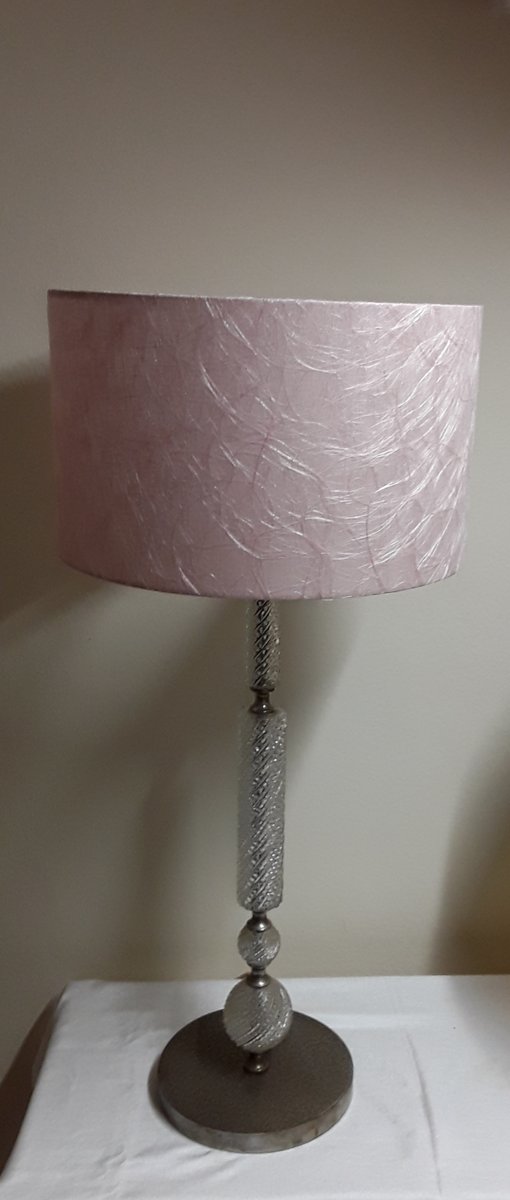 Vintage Table Lamp with Metal Foot with Glass Ceremony and Pink Fabric, 1970s