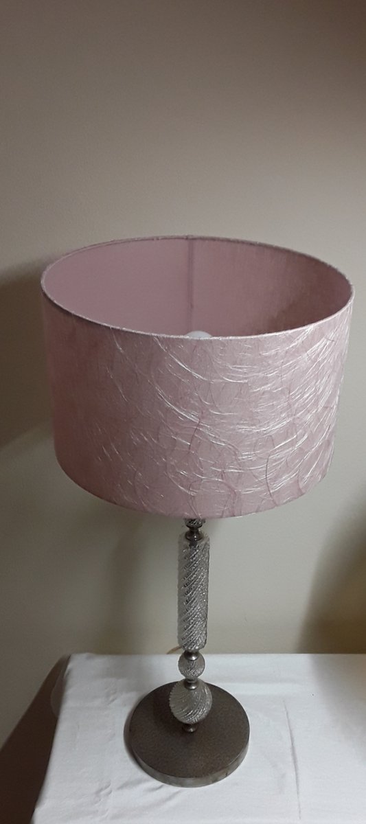 Vintage Table Lamp with Metal Foot with Glass Ceremony and Pink Fabric, 1970s