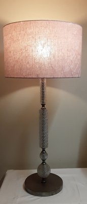 Vintage Table Lamp with Metal Foot with Glass Ceremony and Pink Fabric, 1970s