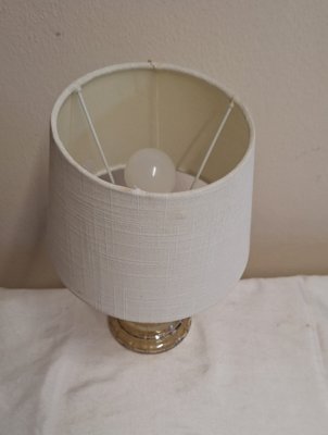 Vintage Table Lamp with Slightly Lustrous, Internally Lit Glass Shade and Cream-White Fabric Shade, 1980s-HOI-2035600