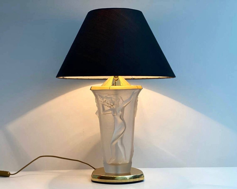 Vintage Table Lamp with Three Embossed Graces on the Opaque Glass & Black Shade