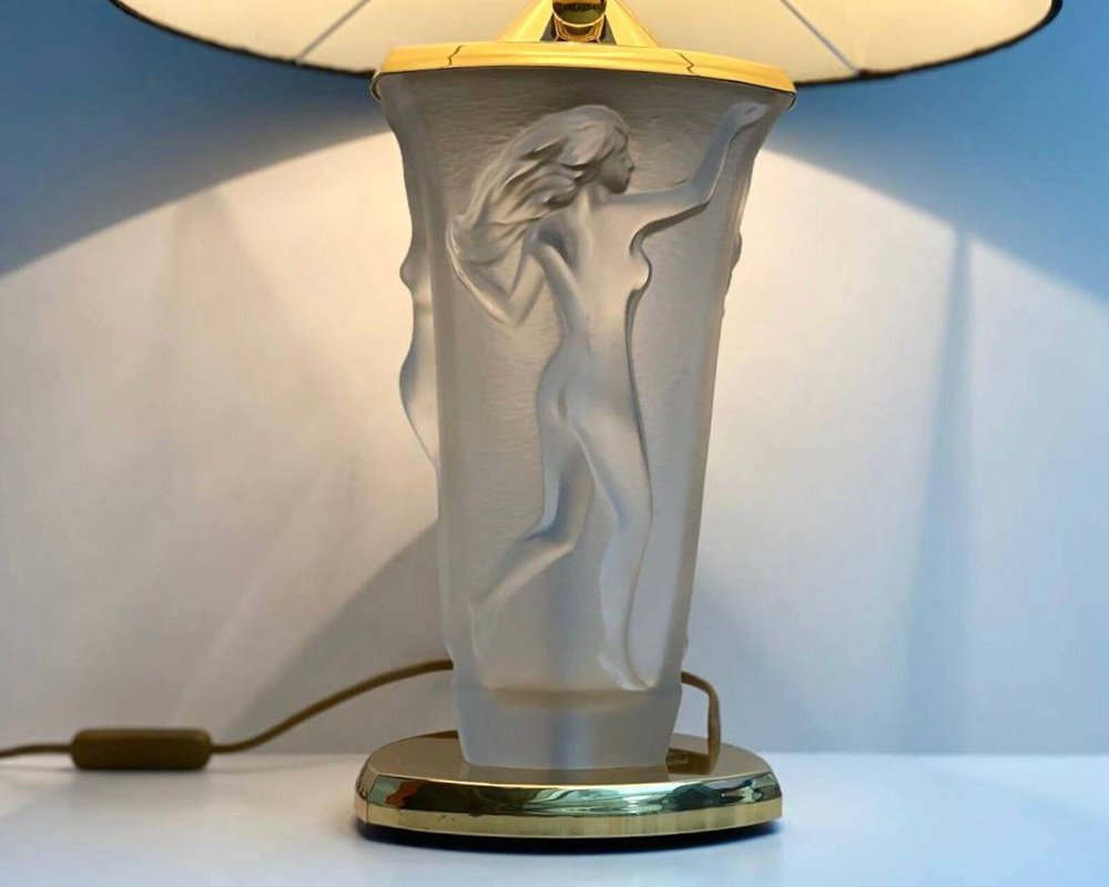 Vintage Table Lamp with Three Embossed Graces on the Opaque Glass & Black Shade