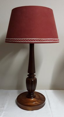 Vintage Table Lamp with Turned Mahogany Foot and Red Fabric Umbrella, 1970s-HOI-1730060