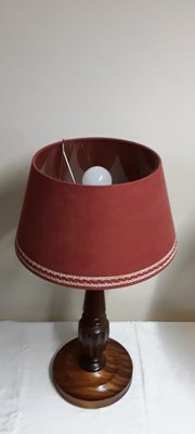 Vintage Table Lamp with Turned Mahogany Foot and Red Fabric Umbrella, 1970s-HOI-1730060