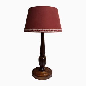 Vintage Table Lamp with Turned Mahogany Foot and Red Fabric Umbrella, 1970s-HOI-1730060