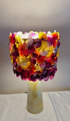 Vintage Table Lamp with Yellow Patterned Ceramic Base and Handmade Pansy Lampshade from Lamplove, 1970s-HOI-2016504