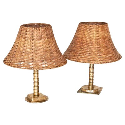 Vintage Table Lamps in Sand Cast Brass with Rattan Shades, 1960s, Set of 2-FEW-2024250