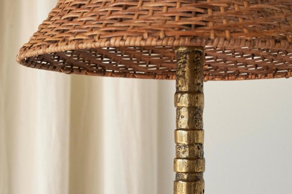 Vintage Table Lamps in Sand Cast Brass with Rattan Shades, 1960s, Set of 2-FEW-2024250