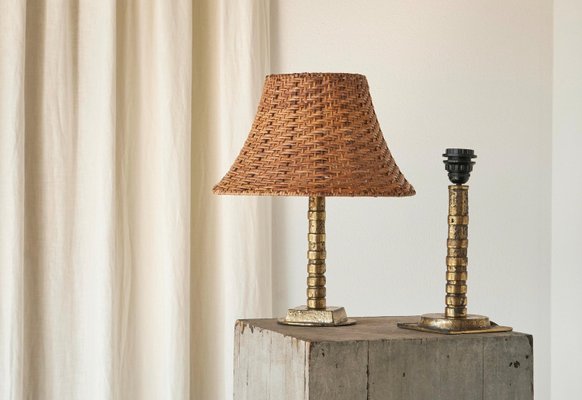 Vintage Table Lamps in Sand Cast Brass with Rattan Shades, 1960s, Set of 2-FEW-2024250