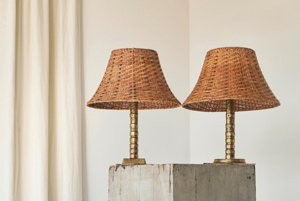 Vintage Table Lamps in Sand Cast Brass with Rattan Shades, 1960s, Set of 2-FEW-2024250