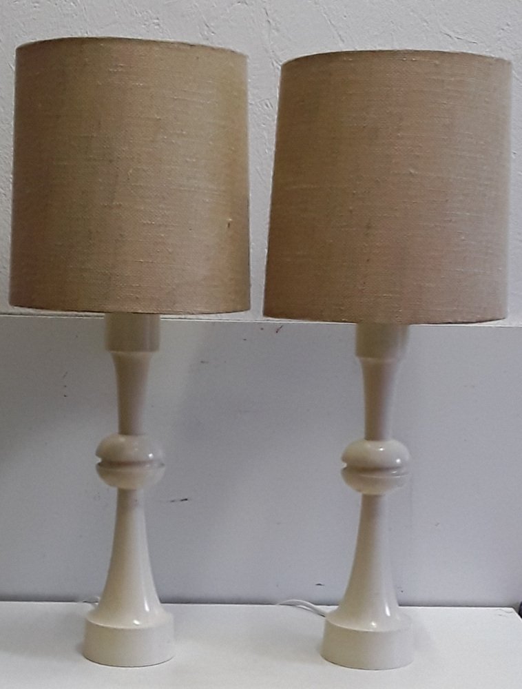 Vintage Table Lamps with Creamy White, Profiled Pillar Foot & Gem Fabric Shade, 1970s, Set of 2