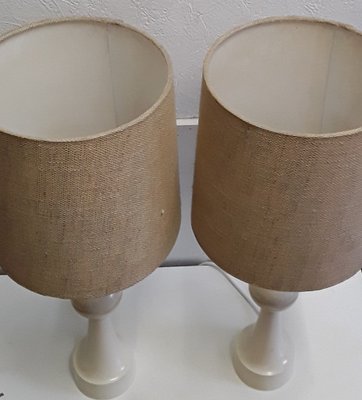 Vintage Table Lamps with Creamy White, Profiled Pillar Foot & Gem Fabric Shade, 1970s, Set of 2-HOI-1151167