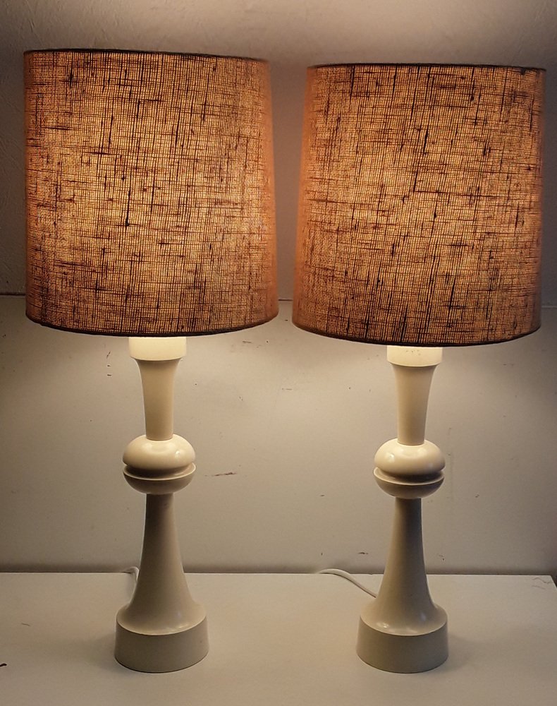 Vintage Table Lamps with Creamy White, Profiled Pillar Foot & Gem Fabric Shade, 1970s, Set of 2