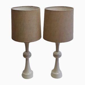 Vintage Table Lamps with Creamy White, Profiled Pillar Foot & Gem Fabric Shade, 1970s, Set of 2-HOI-1151167