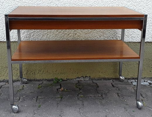 Vintage Table on Wheels with Chromed Steel Tube Frame, Teak Veneer Shelves and Drawers, 1970s-HOI-953881