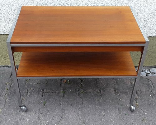 Vintage Table on Wheels with Chromed Steel Tube Frame, Teak Veneer Shelves and Drawers, 1970s-HOI-953881