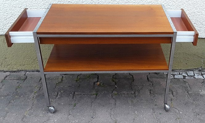 Vintage Table on Wheels with Chromed Steel Tube Frame, Teak Veneer Shelves and Drawers, 1970s-HOI-953881