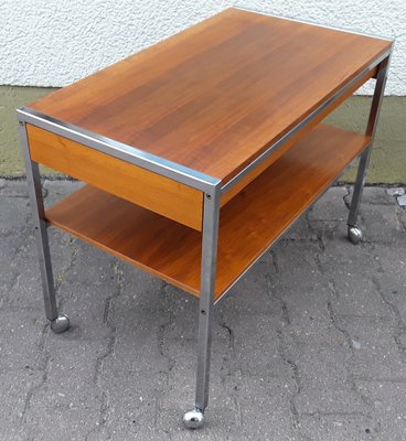 Vintage Table on Wheels with Chromed Steel Tube Frame, Teak Veneer Shelves and Drawers, 1970s-HOI-953881