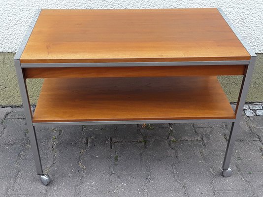 Vintage Table on Wheels with Chromed Steel Tube Frame, Teak Veneer Shelves and Drawers, 1970s-HOI-953881