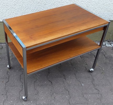 Vintage Table on Wheels with Chromed Steel Tube Frame, Teak Veneer Shelves and Drawers, 1970s-HOI-953881