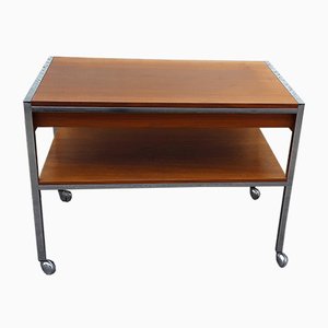 Vintage Table on Wheels with Chromed Steel Tube Frame, Teak Veneer Shelves and Drawers, 1970s-HOI-953881