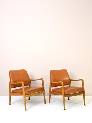 Vintage Teak and Leather Armchairs, 1950s, Set of 2-QWP-1420755