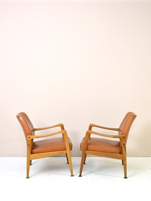 Vintage Teak and Leather Armchairs, 1950s, Set of 2-QWP-1420755