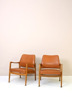 Vintage Teak and Leather Armchairs, 1950s, Set of 2-QWP-1420755