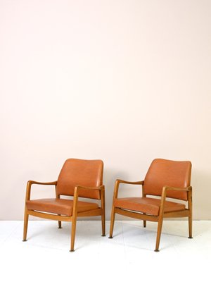 Vintage Teak and Leather Armchairs, 1950s, Set of 2-QWP-1420755