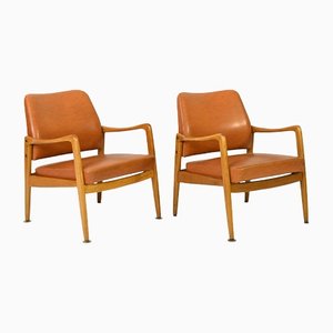 Vintage Teak and Leather Armchairs, 1950s, Set of 2-QWP-1420755