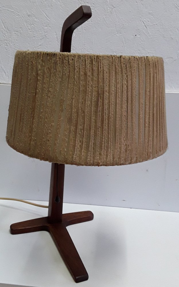 Vintage Teak & Brass Table Lamp with Bast Wrapped Cardboard Lampshade, 1960s