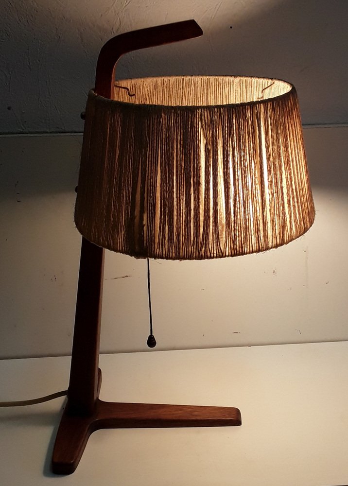 Vintage Teak & Brass Table Lamp with Bast Wrapped Cardboard Lampshade, 1960s