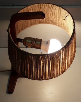 Vintage Teak & Brass Table Lamp with Bast Wrapped Cardboard Lampshade, 1960s-HOI-1151170