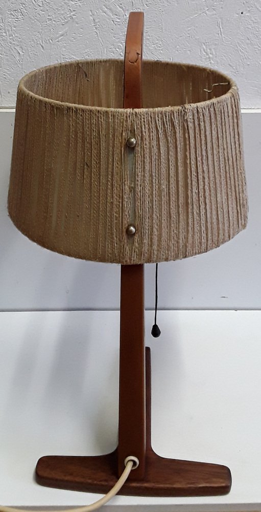 Vintage Teak & Brass Table Lamp with Bast Wrapped Cardboard Lampshade, 1960s