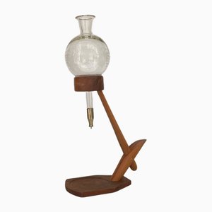 Vintage Teak Wine Dispenser with Etched Decanter-WUW-1816608