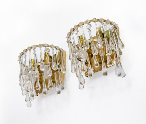 Vintage Teardrop Wall Sconces in Crystal Glass & Brass, 1960s, Set of 2-DEK-932403